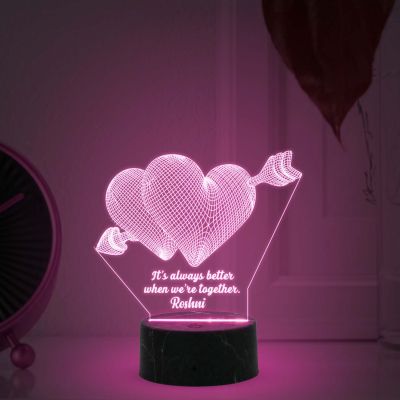 3D Double Heart Led Night Lamp with Multicolored Light Customized with Any Name and Text Gift for Anniversary